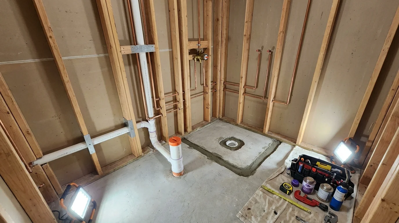 Bathroom rough-in plumbing during remodel by Johns Plumbing LLC in Steelville