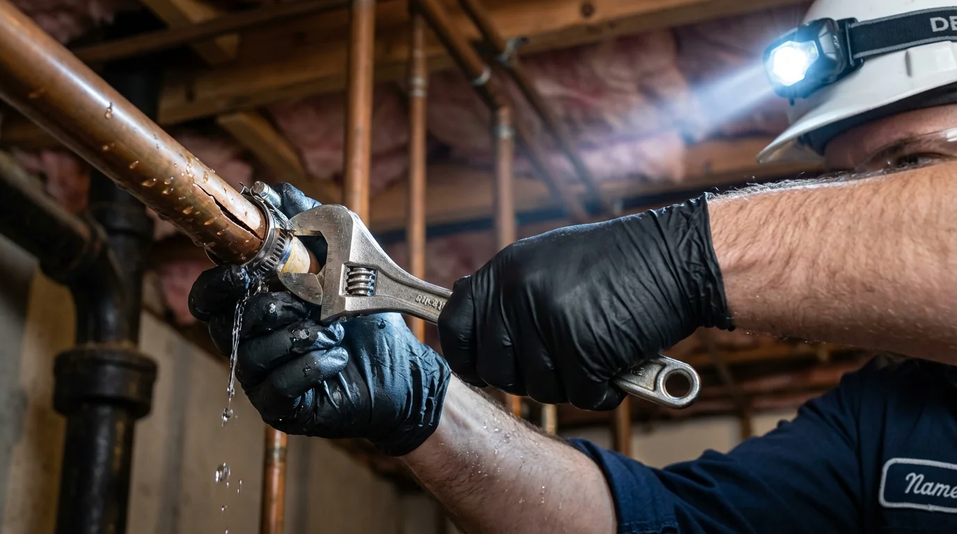 Emergency pipe clamp repair being performed by a Johns Plumbing LLC plumber in Steelville