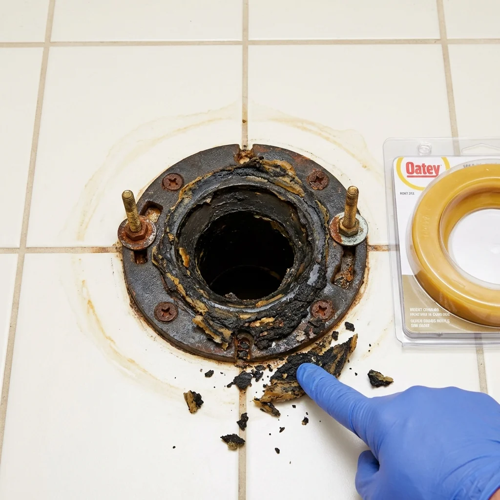 Failed wax ring showing water seepage at the base of a toilet in a Steelville, MO home