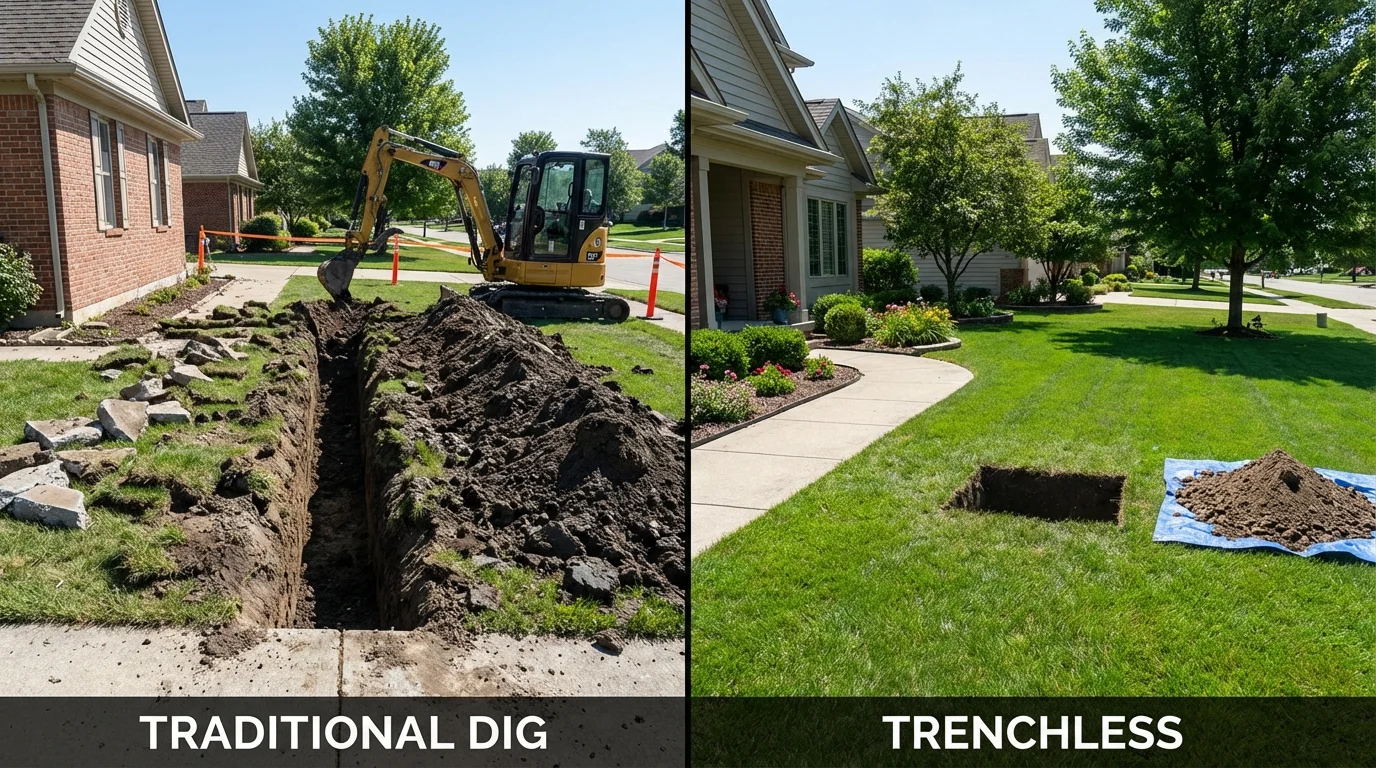 Trenchless sewer repair with minimal yard damage versus traditional excavation in Steelville, MO