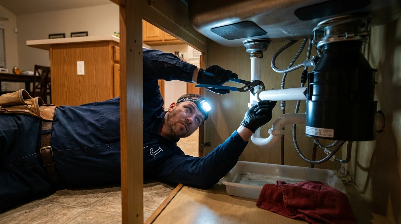 P-trap and supply line connections under a kitchen sink showing a common leak point in Steelville, MO